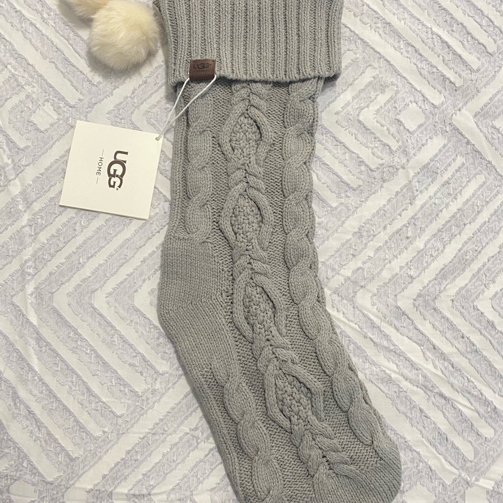 UGG Gray Grey Christmas Holiday Stocking Cable Knit Fur Pom Poms